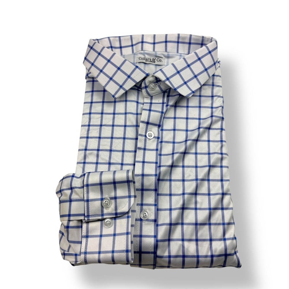Collars & Co Mens‎ 3XL White Blue Windowpane Check Long Sleeve Button Down Shirt